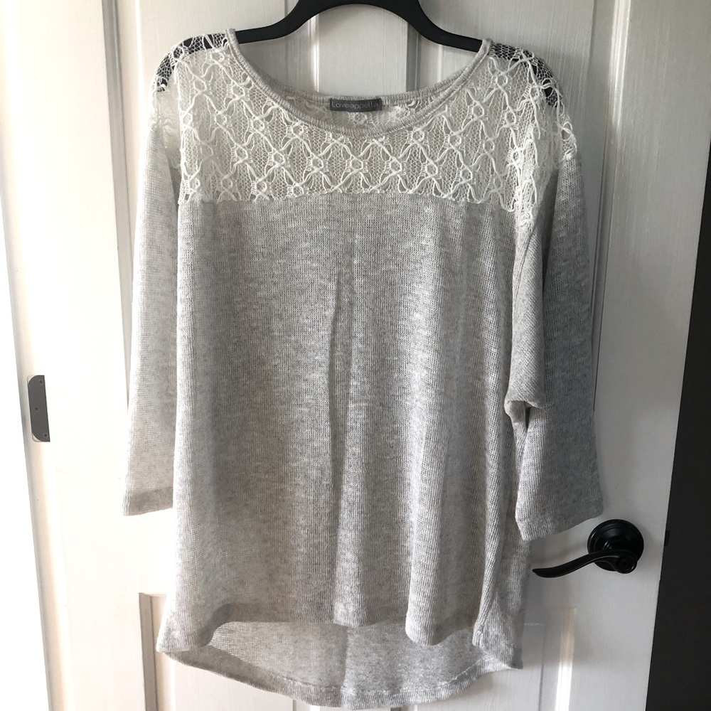 Loveappella Lace Shoulder Lightweight Sweater with High Low Hem